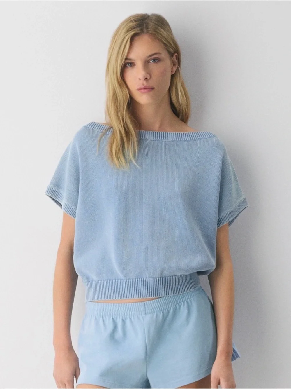Light Blue Knit Short Sleeve Top Aritzia